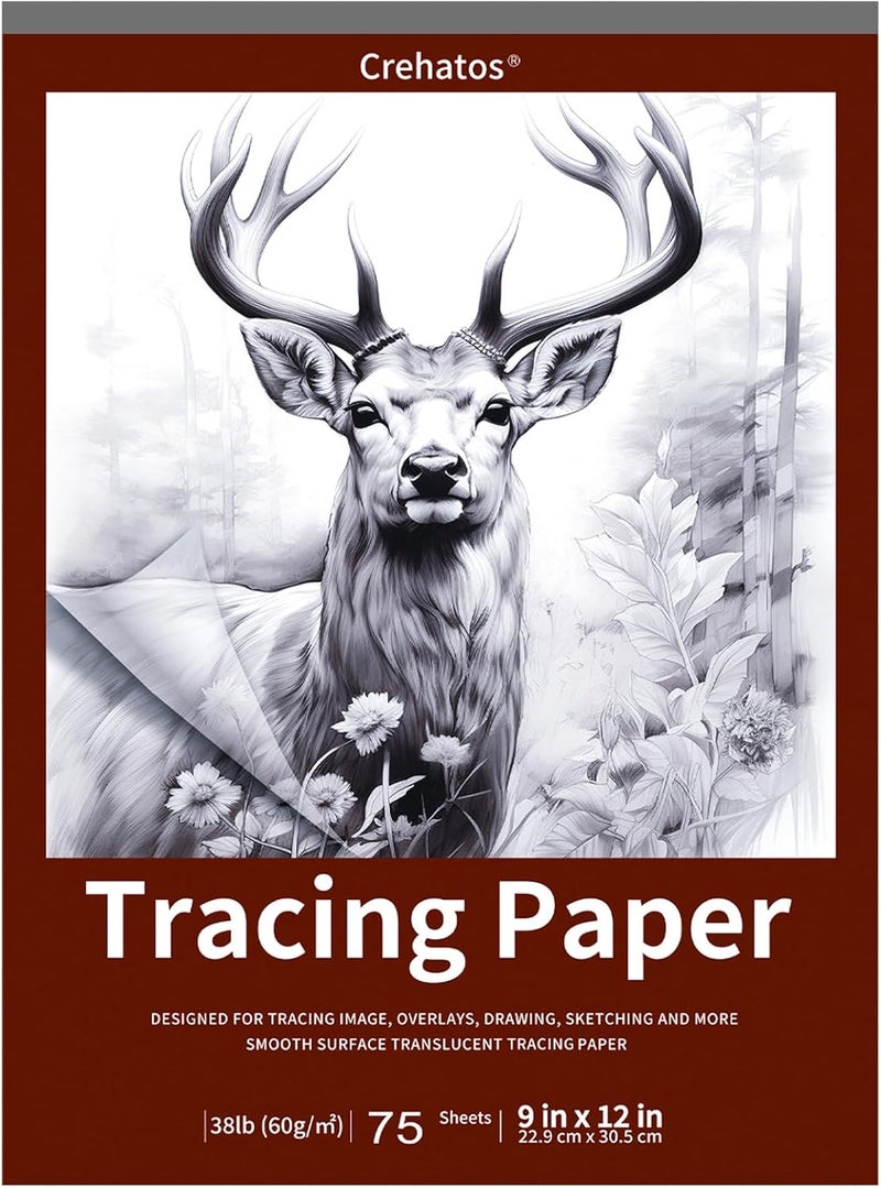 Crehatos 9" x 12" Tracing Paper, Translucent Tracing Pad, 75 Sheets 38lb/60gsm Vellum Art Paper - Image 1